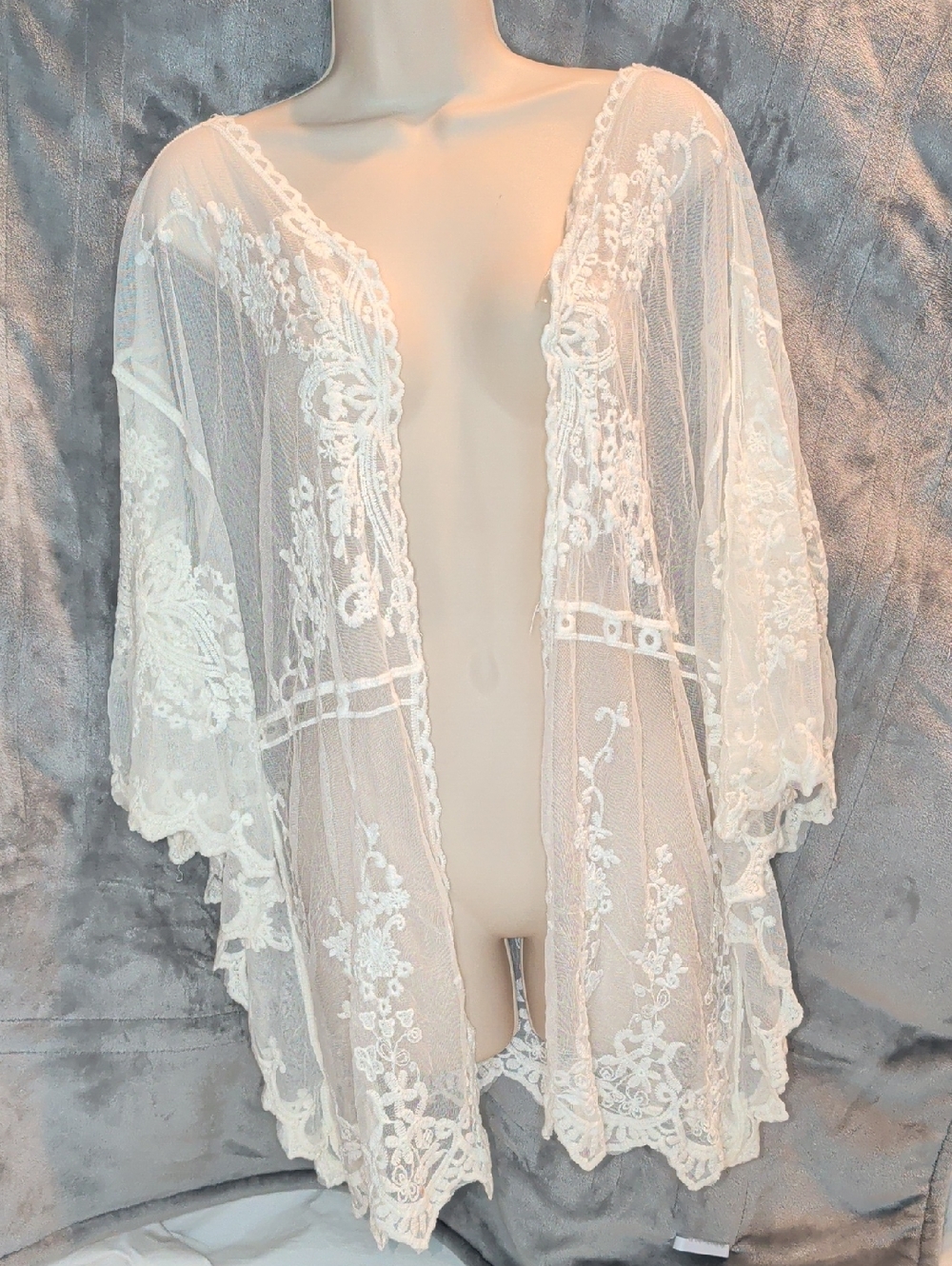 Cupshe Beach Cover-Up OS Ivory Sheer Lace Embroidered Open Front Boho Swim Shirt